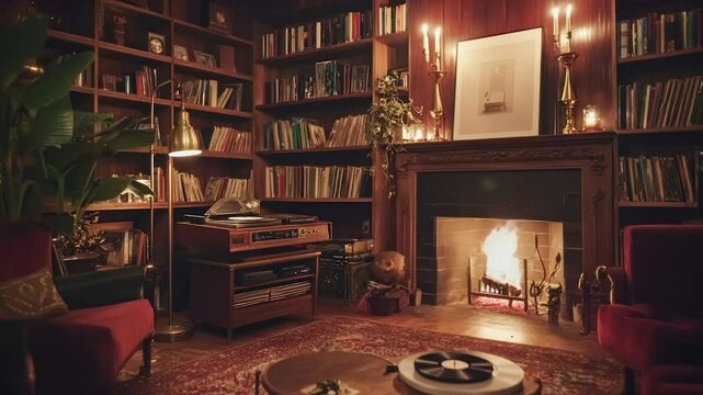 Cozy vintage listening room.  Warm fireplace, bookshelves, and vinyl player create a relaxing atmosphere