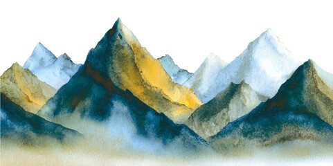 Snowy mountain peak illuminated by sunrise above the clouds. watercolor style mountains range, blue, pink and green colors on white and transparent background	