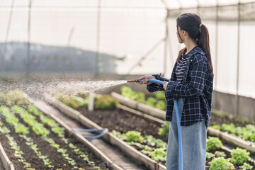 asian teenage girl standing in greenhouse holding blue hose spraying water on vegetable garden during agricultural learning session focusing on organic farming practices under natural light