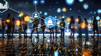 Silhouettes of people in a city at night, connected by digital network - Powered by Adobe