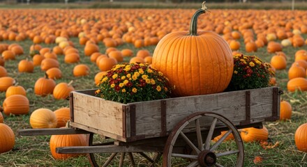 Vibrant Pumpkin Patch in Autumn with Wooden Cart Filled with Flowers and a Giant Pumpkin Surrounded by a Sea of Orange Pumpkins