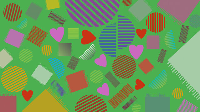 Colorful abstract background with striped geometric shapes and hearts on pastel yellow. Playful seamless pattern for kids, textiles, and creative design projects. - Powered by Adobe