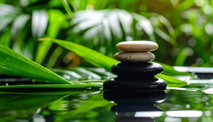 Stacked stones in water, lush foliage
