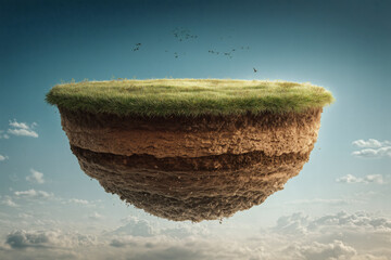 Surreal floating island with green grass and layered earth formation against a sky with distant birds.