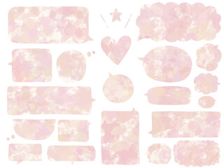 吹き出し：水彩風ピンク色のハートマークとフキダシのセット