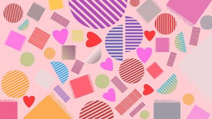 Colorful abstract background with striped geometric shapes and hearts on pastel yellow. Playful seamless pattern for kids, textiles, and creative design projects.