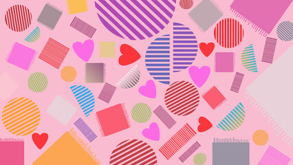 Colorful abstract background with striped geometric shapes and hearts on pastel yellow. Playful seamless pattern for kids, textiles, and creative design projects.