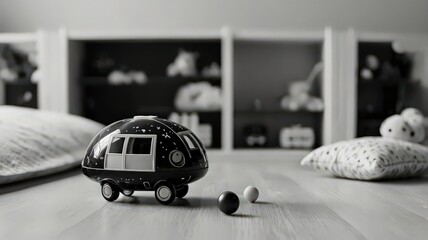 A monochrome image of a toy camper with balls on a wooden floor in front of a white shelf unit