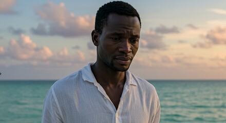 Melancholy by the Sea: A Man's Contemplative Gaze at Sunset