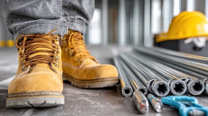 a plumber's boots and tools on a clean worksite floor in a modern home under renovation.