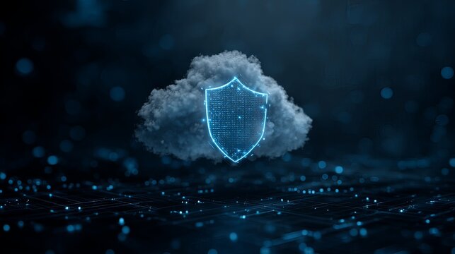 secure AI icon with shield, cloud computing, digital background.