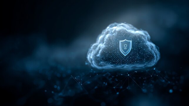 secure AI icon with shield, cloud computing, digital background.