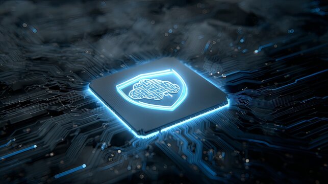 secure AI icon with shield, cloud computing, digital background.