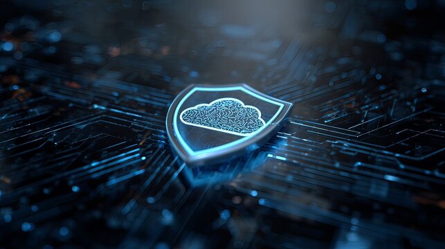 secure AI icon with shield, cloud computing, digital background.