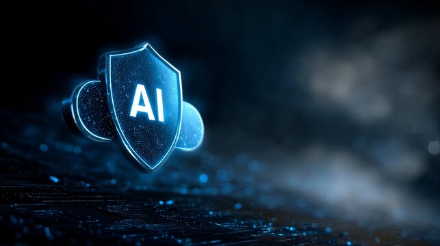secure AI icon with shield, cloud computing, digital background.