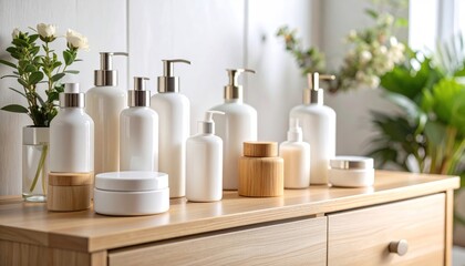 Fototapeta premium White cosmetic bottles on a wooden surface