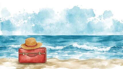 A watercolor painting depicting a red suitcase with a straw hat on a sandy beach, facing the blue ocean under a partly cloudy sky.