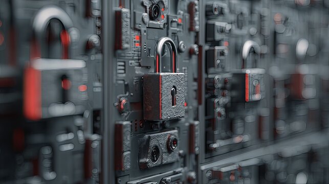 secure login padlocks and encrypted data panels.