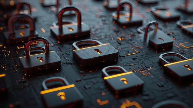 secure login padlocks and encrypted data panels.