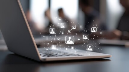team collaboration icons above laptop with digital overlay