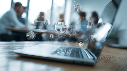 team collaboration icons above laptop with digital overlay