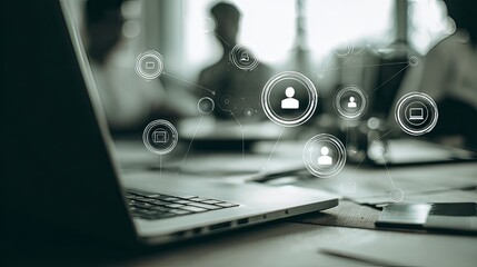 team collaboration icons above laptop with digital overlay