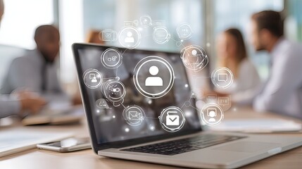 team collaboration icons above laptop with digital overlay