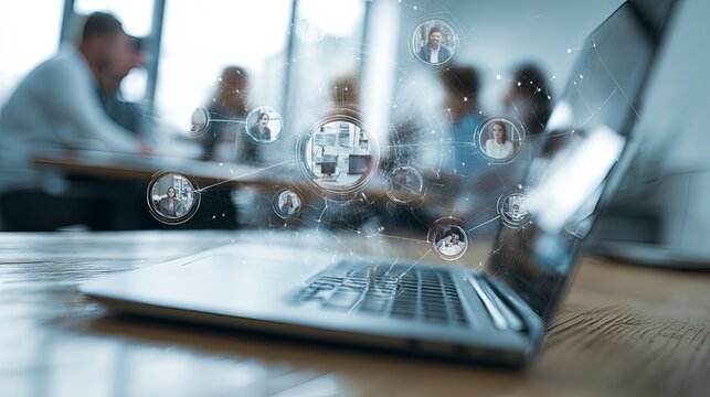 team collaboration icons above laptop with digital overlay