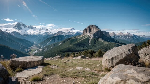 Majestic mountain range with snow-capped peaks and lush valleys.