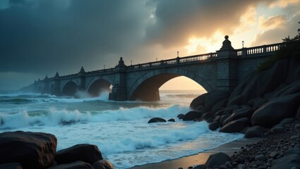 Majestic stone bridge arches over a turbulent ocean shore.