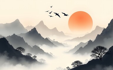 Misty mountains with gentle slopes and flock of birds in sunrise sky. Traditional oriental ink painting sumi-e, u-sin, go-hua. High quality © li