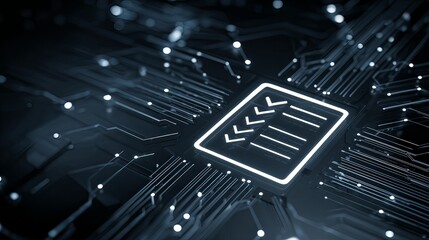 Touchscreen checklist document icon with data circuits in background