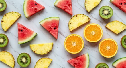An overhead shot of sliced watermelon pineapple kiwi and oranges on a marble surface arranged randomly