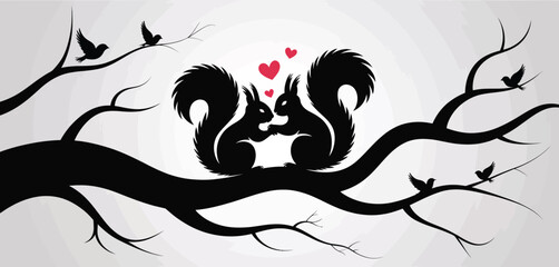 Silhouette of Two Squirrels in Love on a Tree Branch