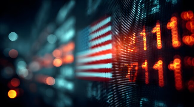 Digital Display of Stock Market Data with American Flag Overlay