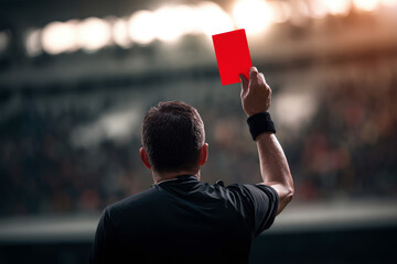 Referee showing a red card to a displeased football or soccer player while gaming. Concept of sport, rules violation, controversial issues, obstacles overcoming.
