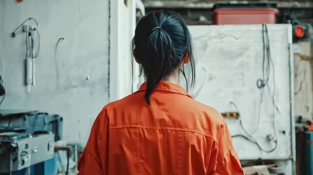 Female worker in orange uniform walks through busy factory workshop