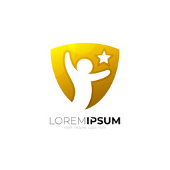 shield logo as a protector of a little boy reaching for a star