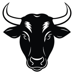 A formidable black bull head stares ahead, its sharp horns clearly defined with precision