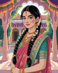 Young Indian Woman in Scarlet Sari with Jasmine Flowers in Traditional Courtyard – Vibrant Cultural Portrait