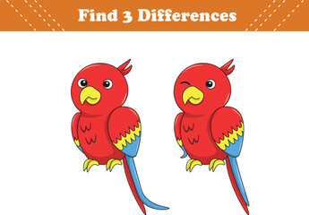 Education game for children find three differences between two parrot cartoon. Vector illustration