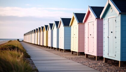 Colorful beach huts lined along a coastal pathway with a serene ocean view in the background