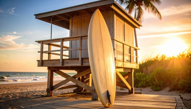 A serene sunset view of a surfboard beside a lifeguard tower on a tranquil beach