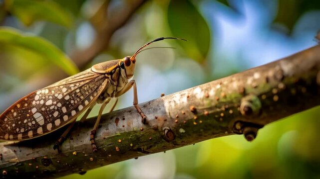 Close-up of a brown leafhopper insect resting on a textured tree branch with blurred green foliage in the background.