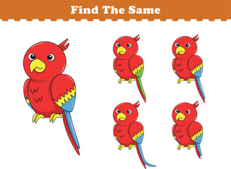 Funny cartoon parrot. Find same pictures. Educational game for children. Cartoon vector illustration