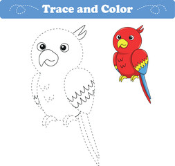 Handwriting Practice. Tracing lines and coloring parrot for children. Vector Illustration