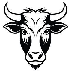 Bold monochrome bull head showcases strong, contoured outlines and sharp features clearly