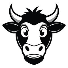 A monochrome cow face displays cartoonish features and thick outlines for a bold appearance