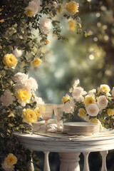 Elegant garden table setting with roses, glassware, and plates. Nature's beauty for a special occasion.
