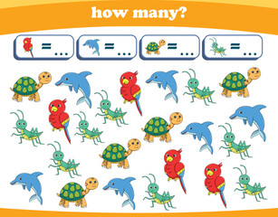Naklejka premium Counting game of wild animals for preschool kids. Printable. Vector Illustration